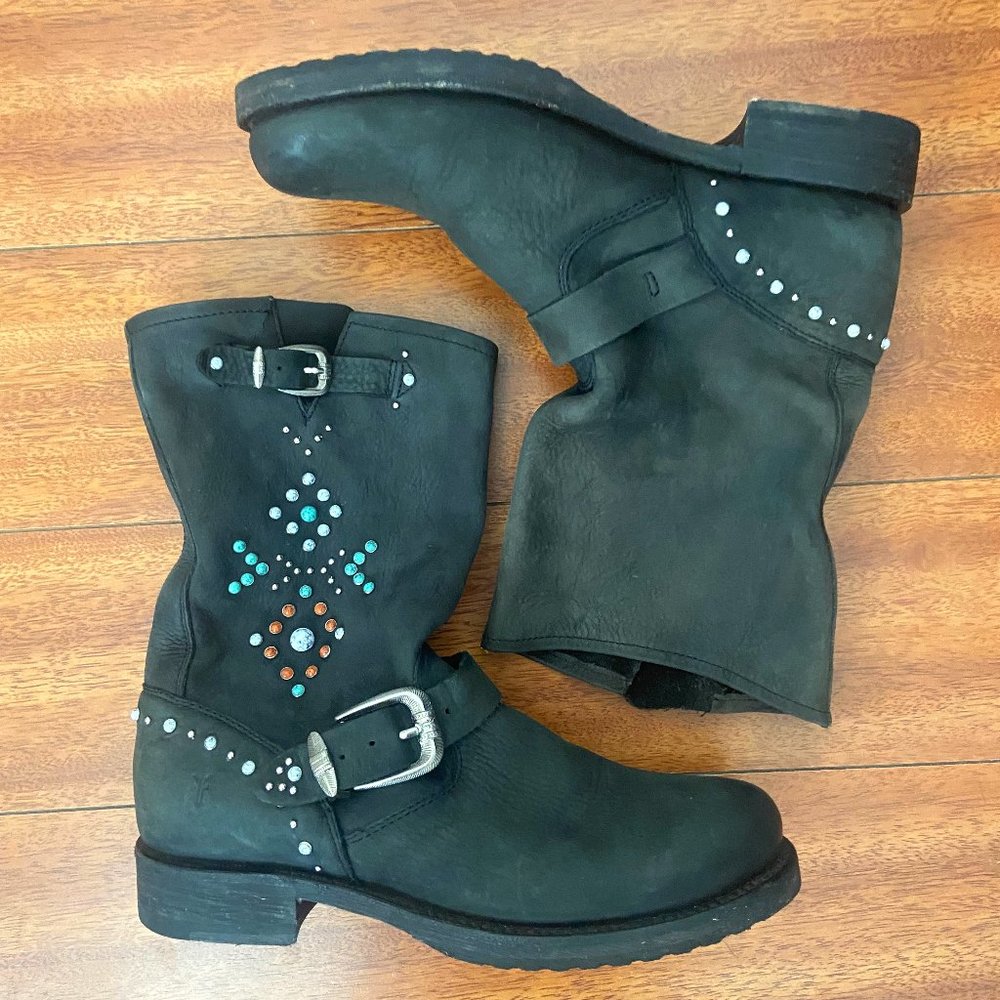 Rare Frye Veronica Slouch Moto Boots with Turquoise Studs!